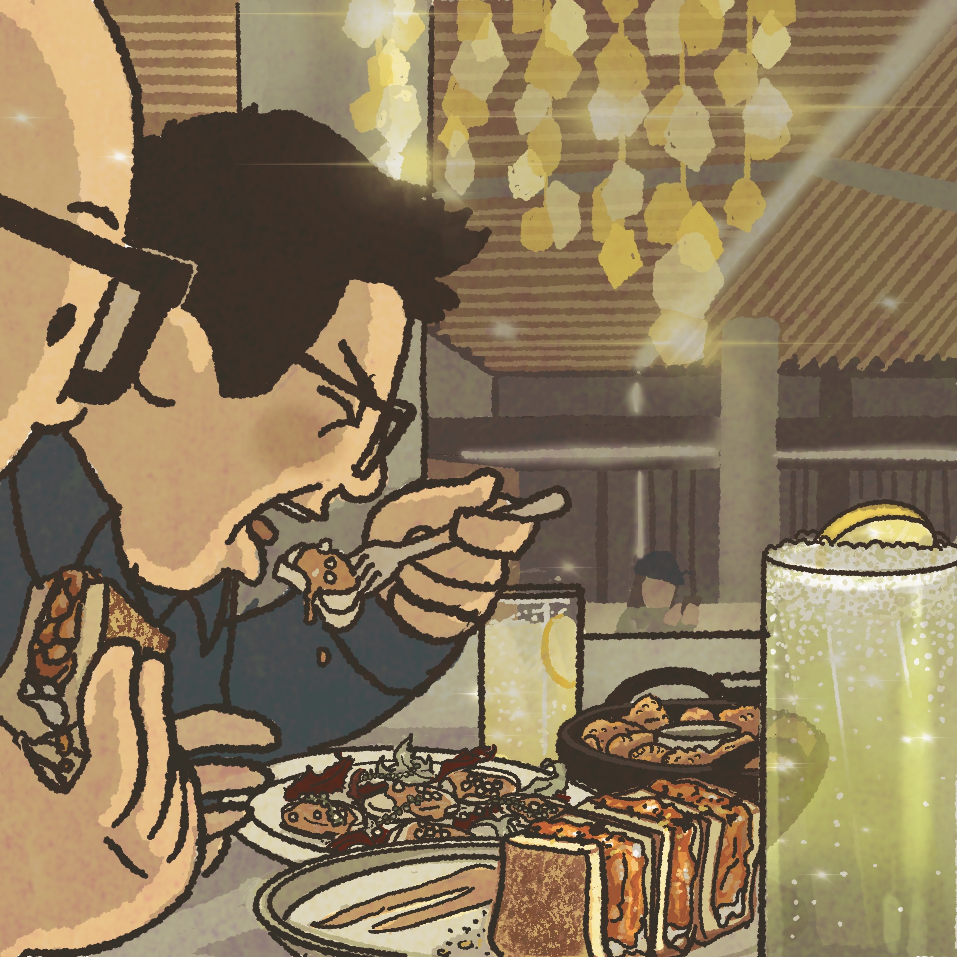 Illustration: a man shovels scallops into his mouth while sitting at an elegant bar. On the counter are tidy lobster sandwiches and fizzy cocktails in highball glasses.