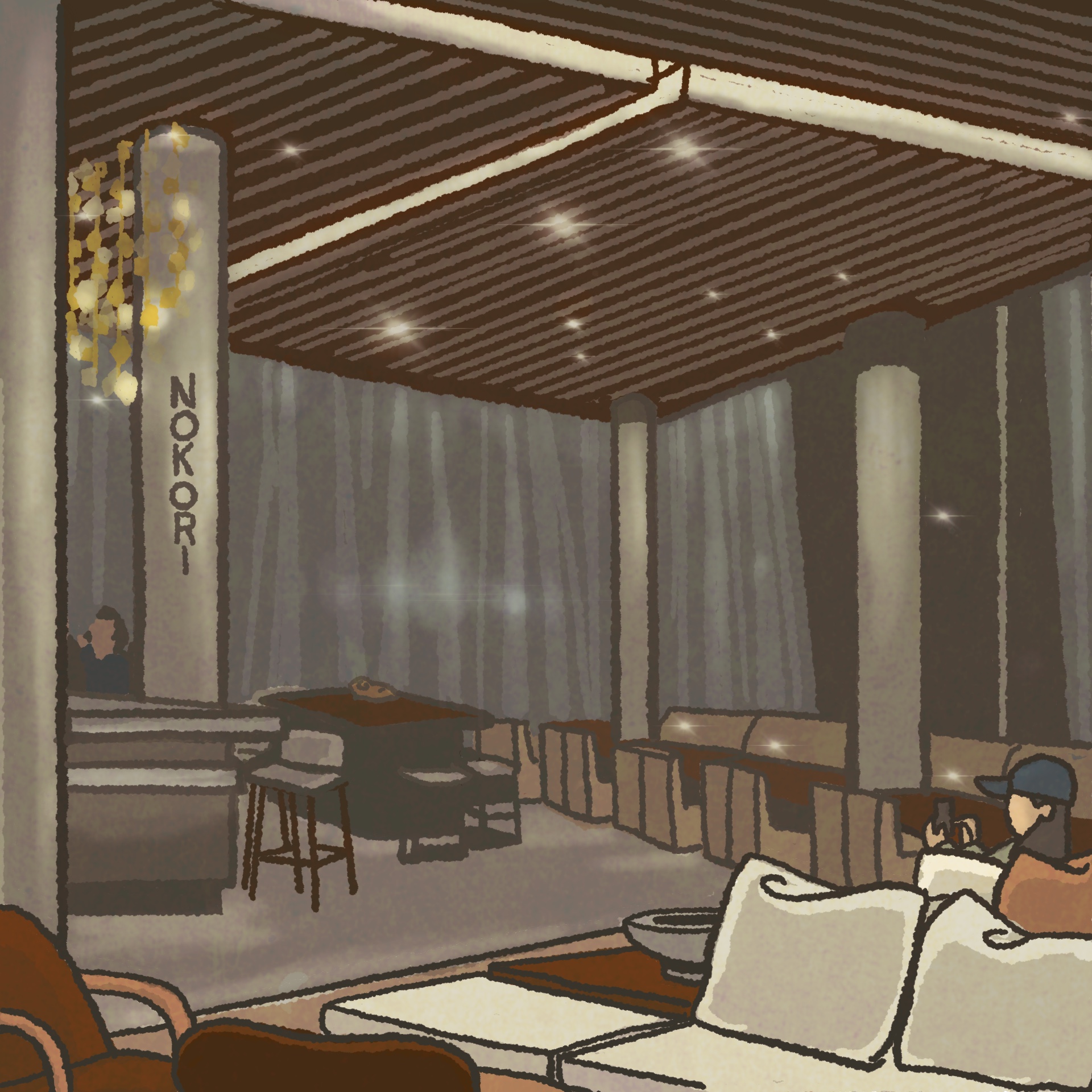 Illustration: An elegant hotel lobby with modern, minimalist couches and an elegant bar at one end of the room, with sparkly gold leaves dangling from the ceiling.
