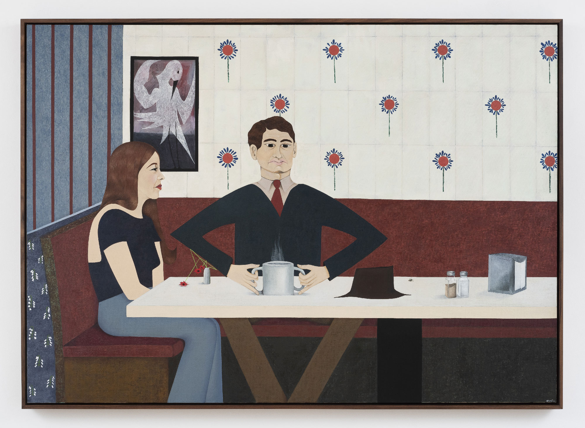 painting of woman and man seated at diner booth