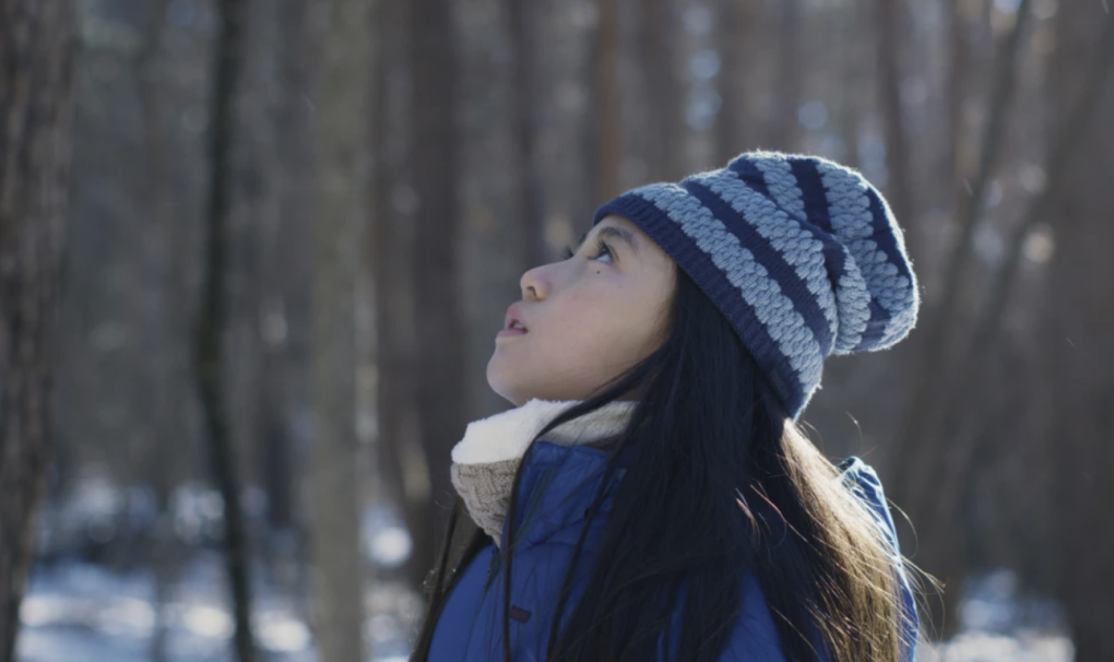 A young Japanese girl wearing winter clothes gazes up into a tree.