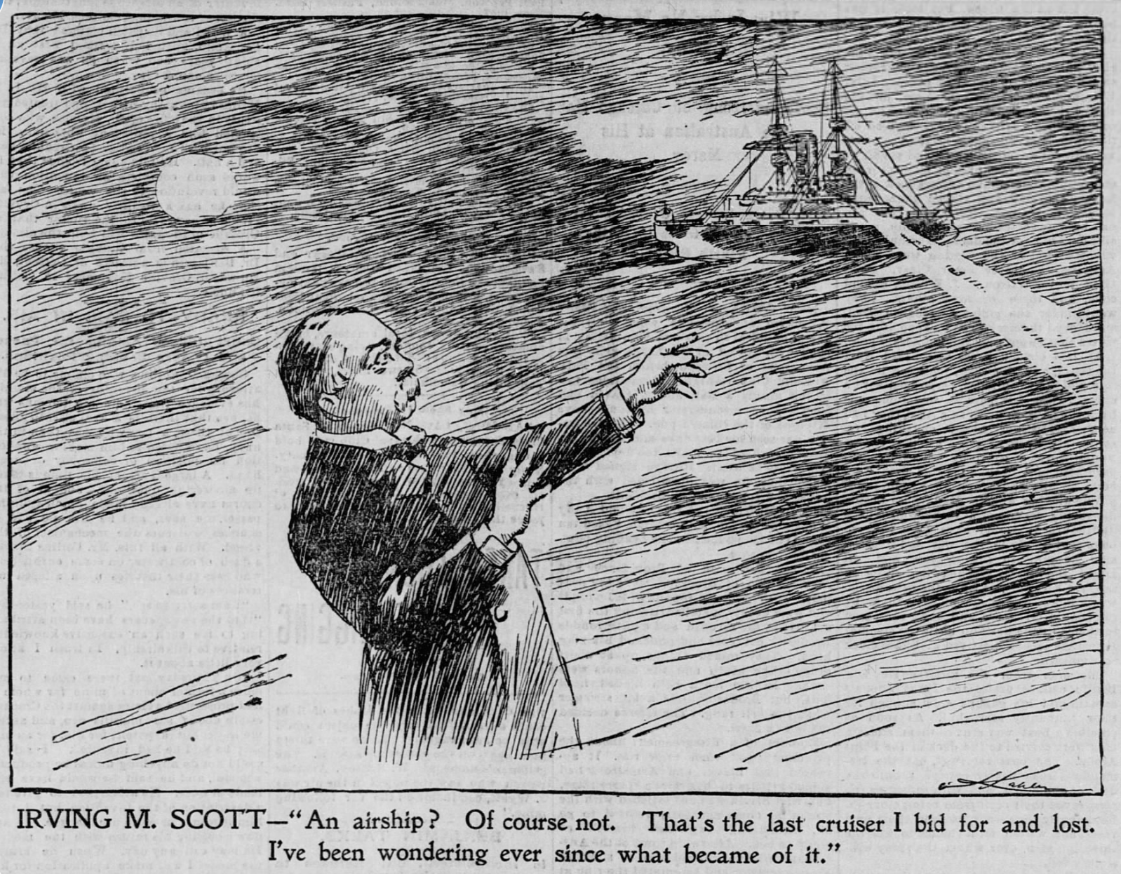 A Victorian illustration of a man gazing up at dark skies, astonished to see a clipper ship there.