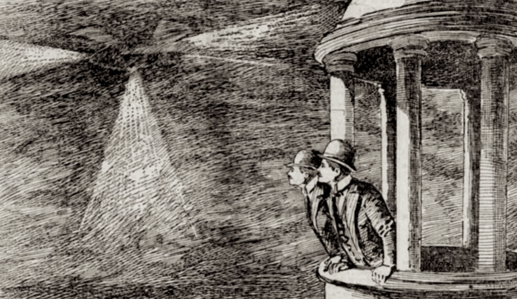 A Victorian illustration of two men watching an airship with wings and spotlights flying near the top of the Capitol building.
