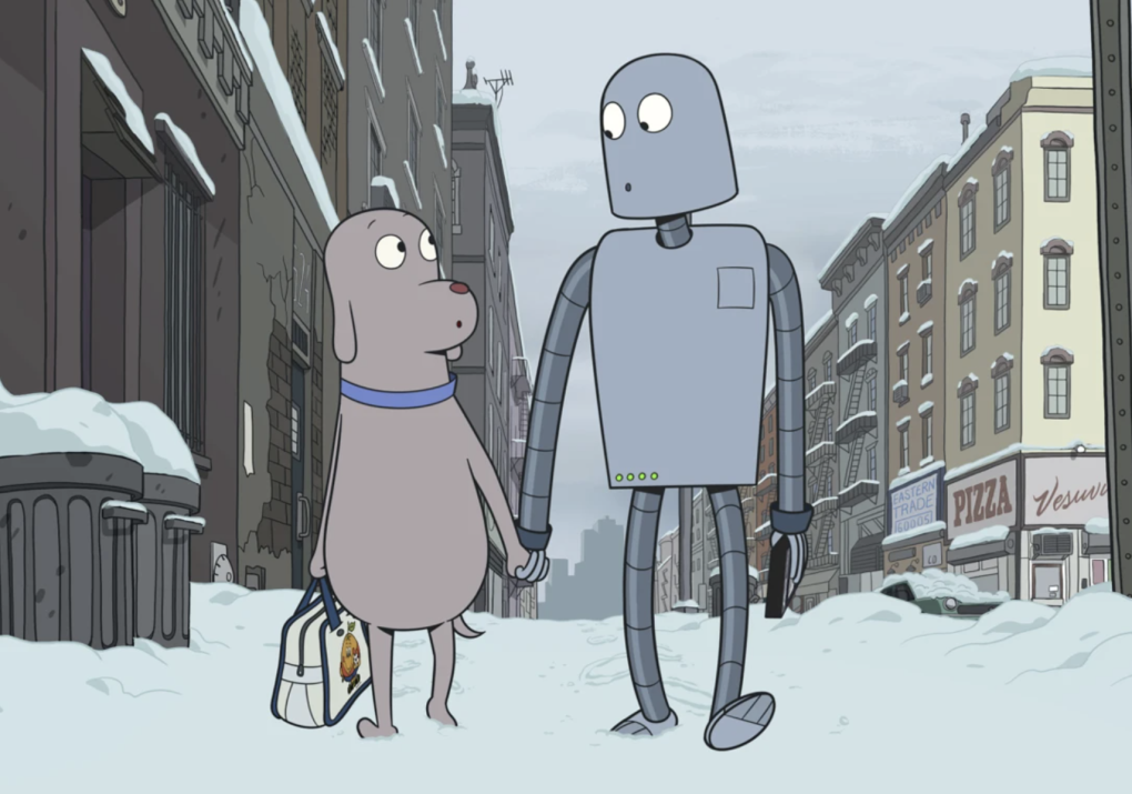 An illustration showing a dog and a robot walking up a snow-covered street, holding hands.