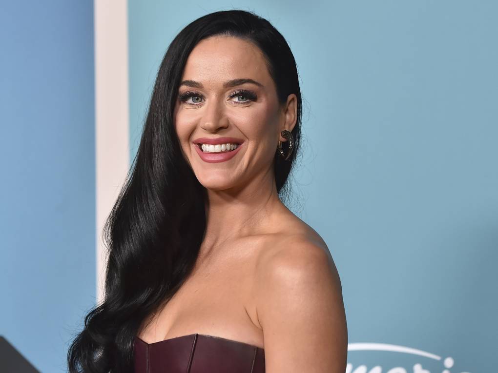 A smiling, tan, white woman with long black hair is seen from the chest up, wearing a strapless evening dress.