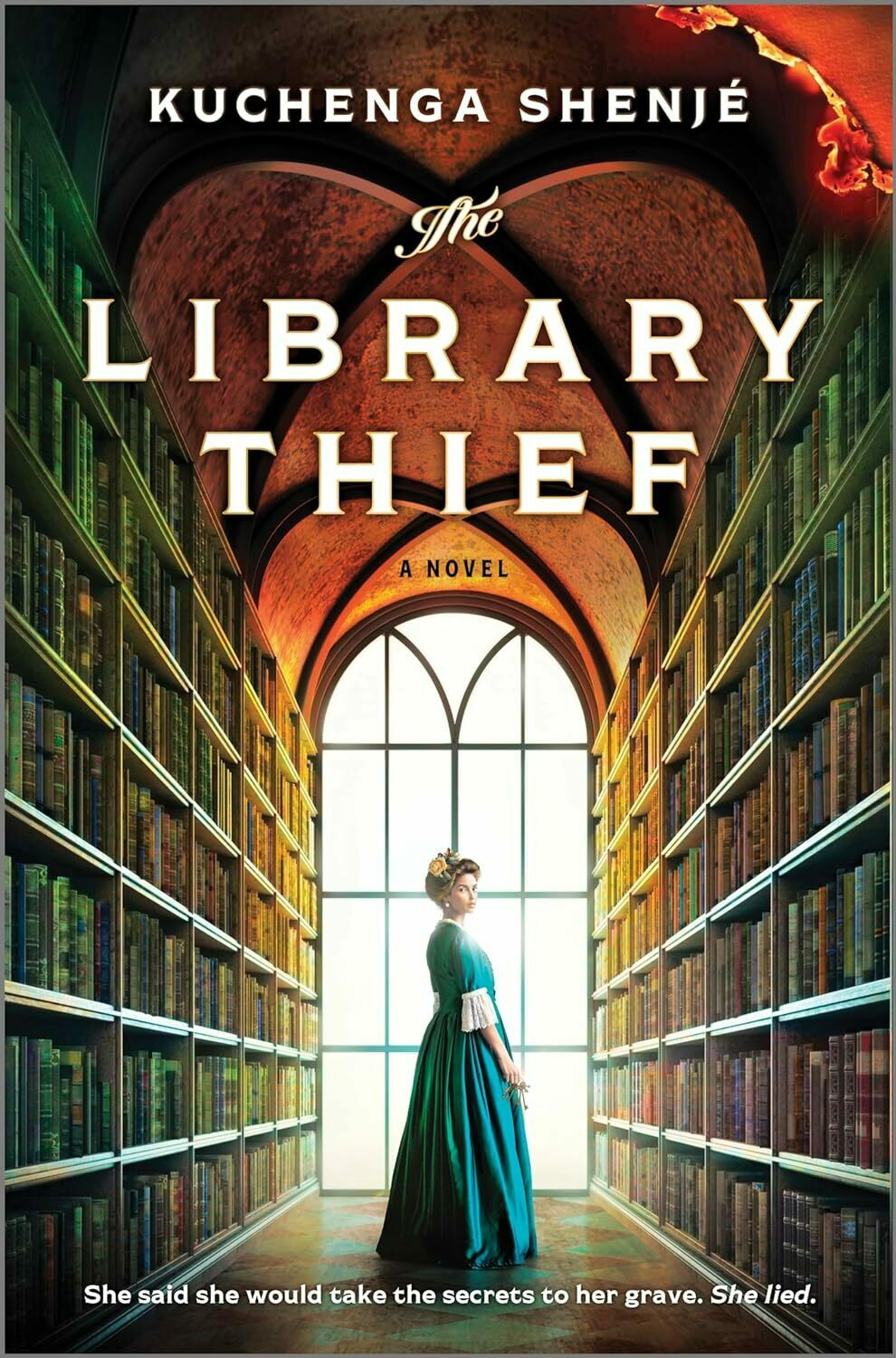 A book cover illustration shows a woman in late 19th century dress standing between tall stacks of books before a huge window.