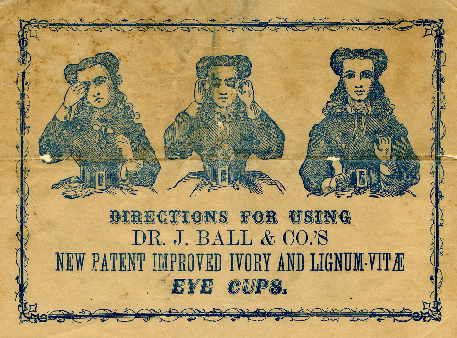 A Victorian advertisement featuring illustrations of a girl clutching her forehead, then holding small cups against her eyes, then looking brighter and happier.