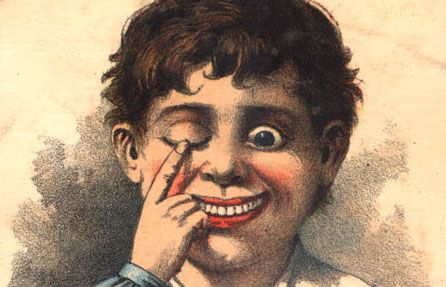 A Victorian illustration of a small boy grinning and holding one of his eyelids closed with his forefinger.