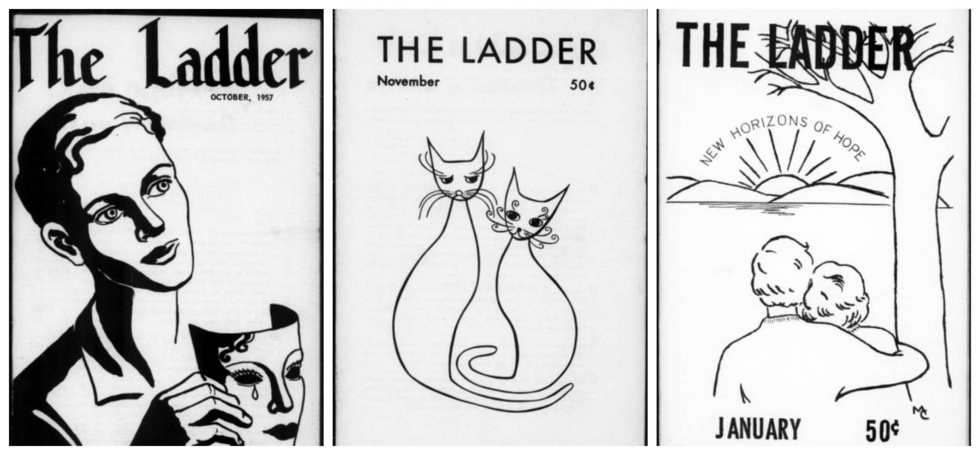 Three black and white covers of magazines. The first shows an androgynous person, the second features two cats, and the third is a sketch of a couple, viewed from behind, watching a sunset.
