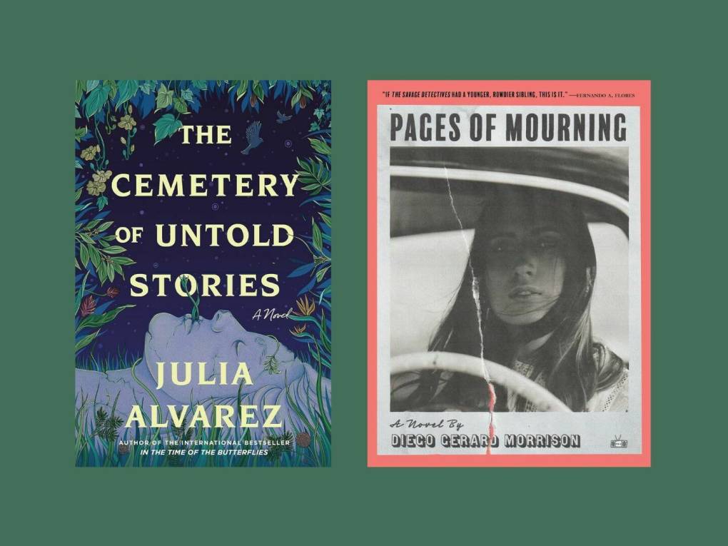Two book covers lay side by side. The one on the left features the face of a statue facing up from the ground in a garden. The one on the right shows an old photograph of a woman with long hair sitting in a car driver's seat.