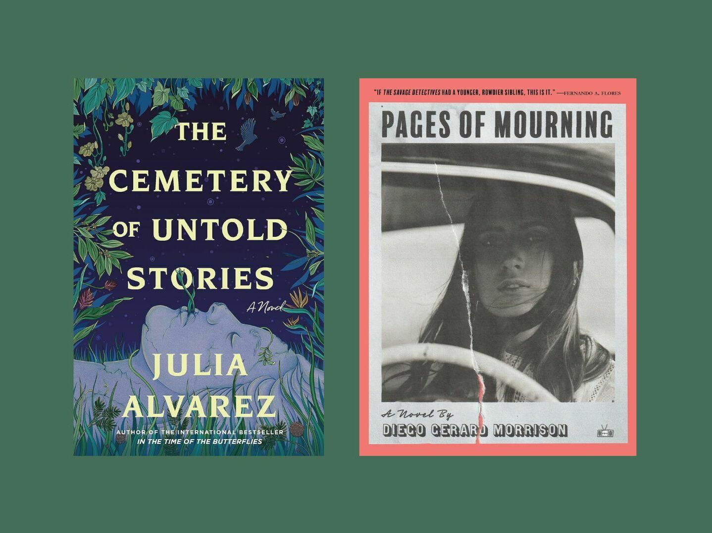 Two book covers lay side by side. The one on the left features the face of a statue facing up from the ground in a garden. The one on the right shows an old photograph of a woman with long hair sitting in a car driver's seat.