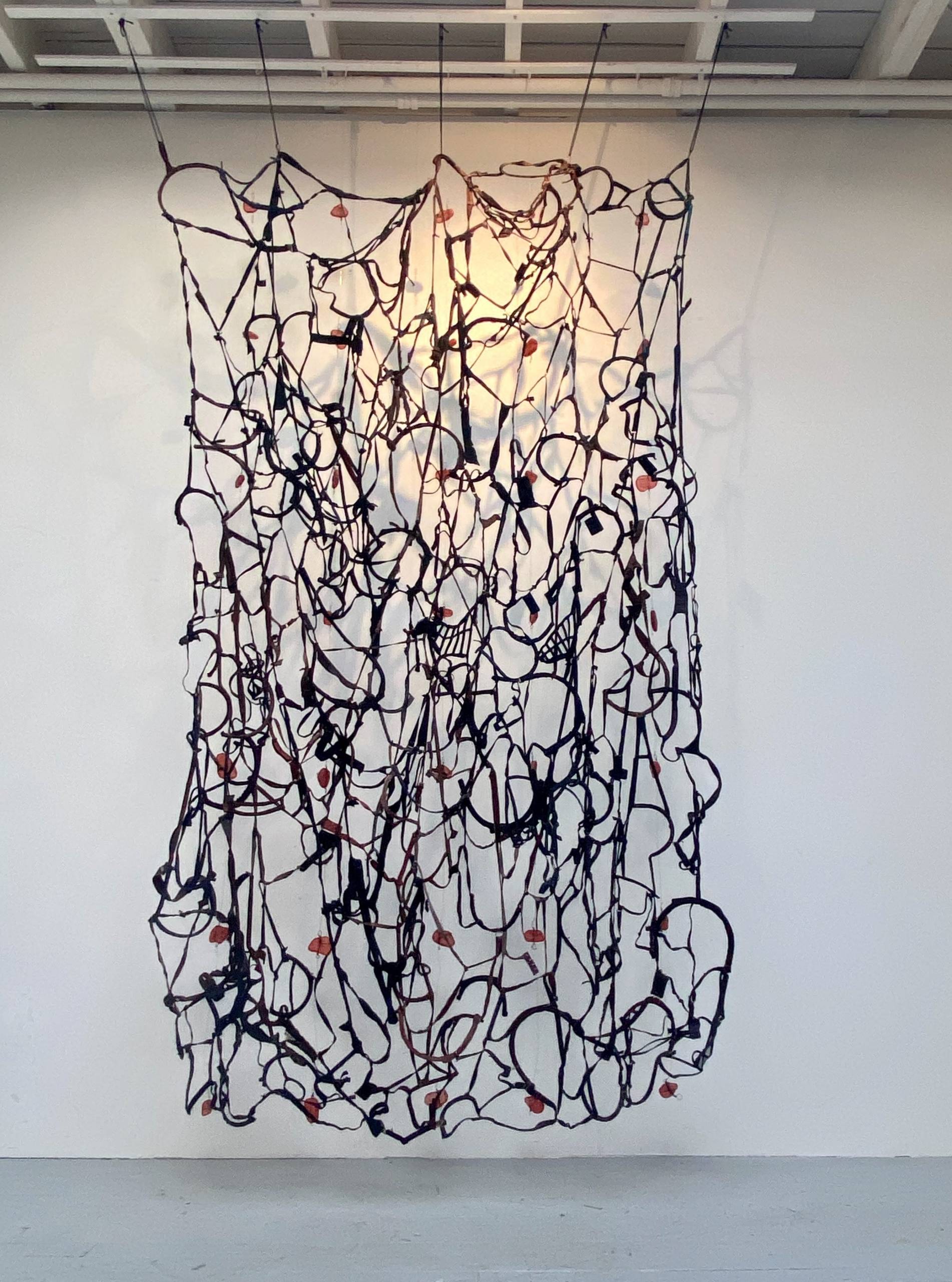 Hanging sculpture made from bras cut apart and strung together