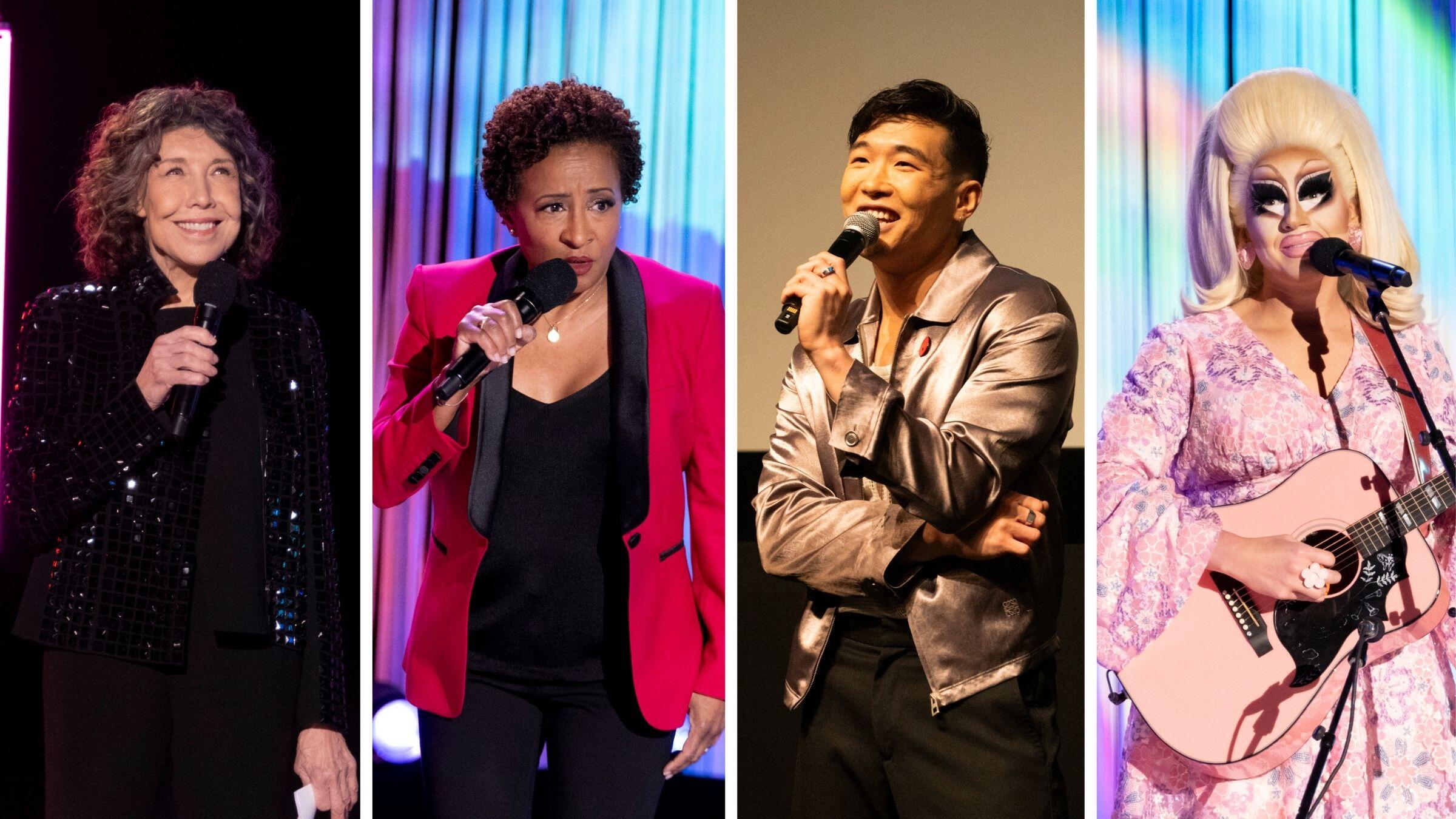 Photos of a white woman, a Black woman, an Asian man and a drag queen.