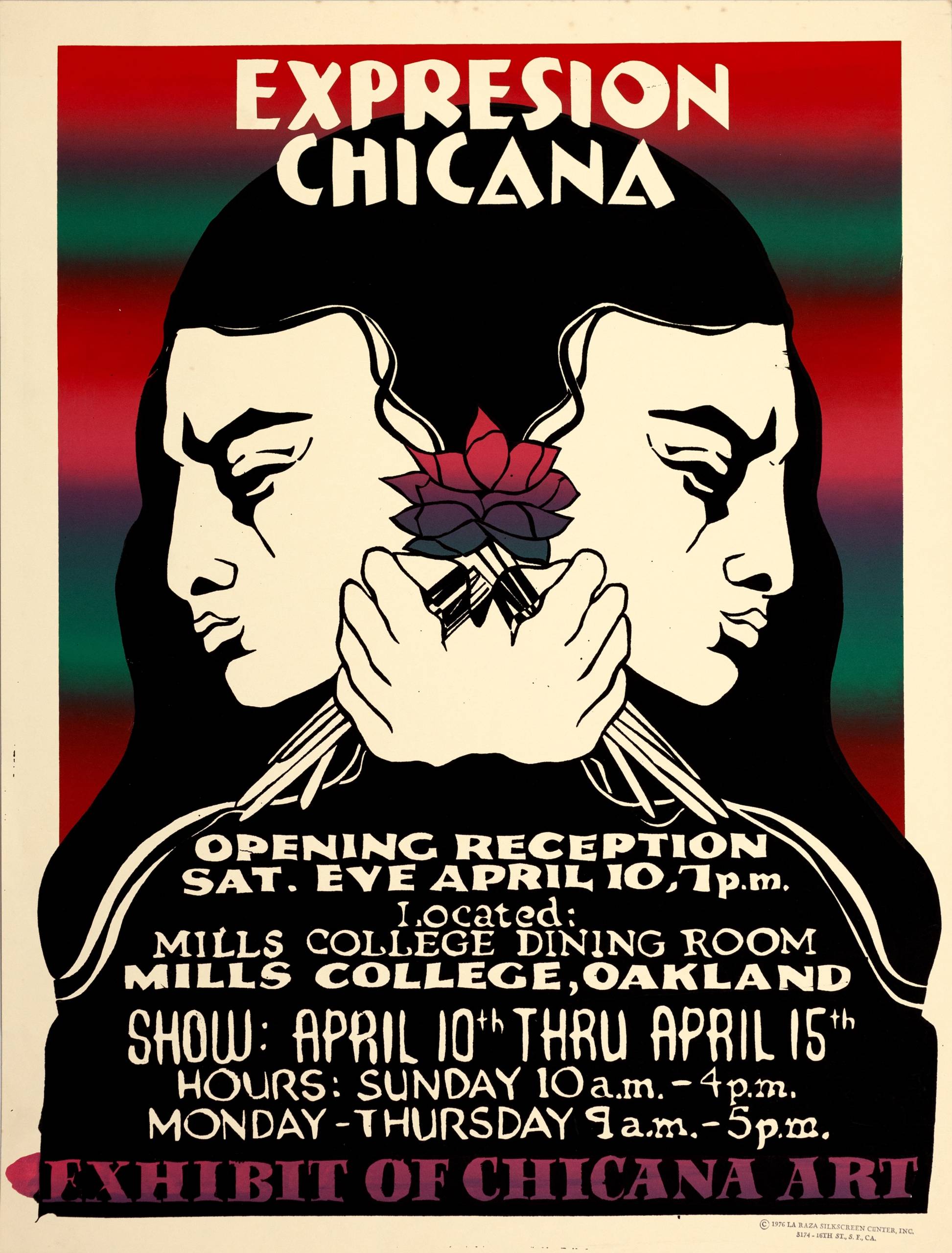 a Chicano Rights Movement poster features the faces of two women joined by a flower in the middle