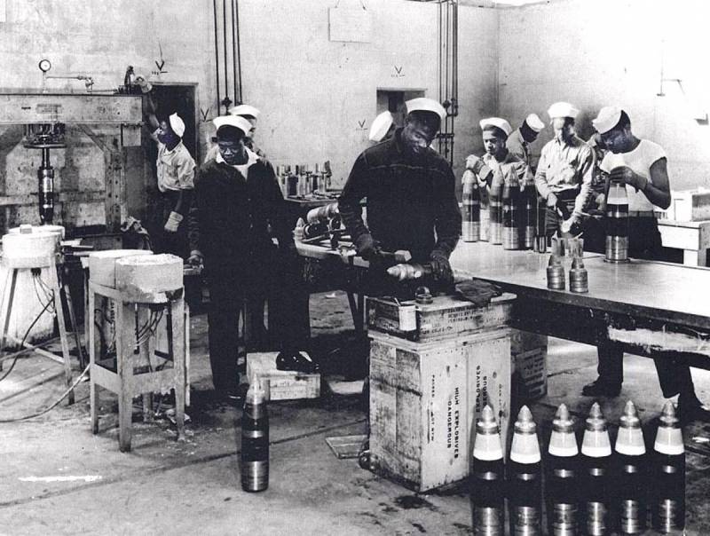 African American servicemen working in the munitions department at Port Chicago.