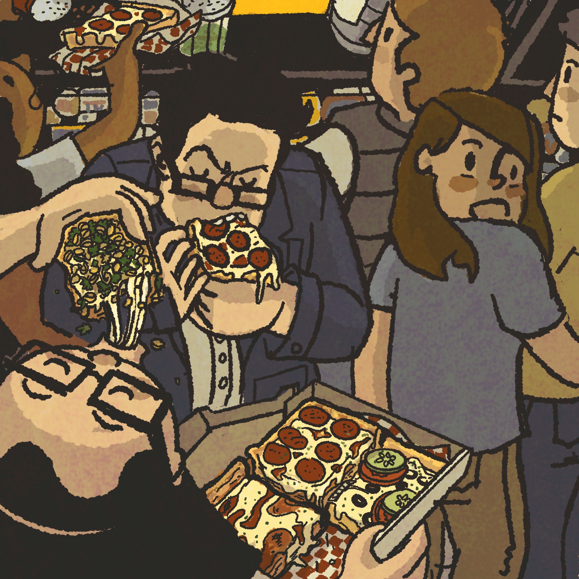 Two men devour a pizza straight out of the box while standing in a crowd of other customers.