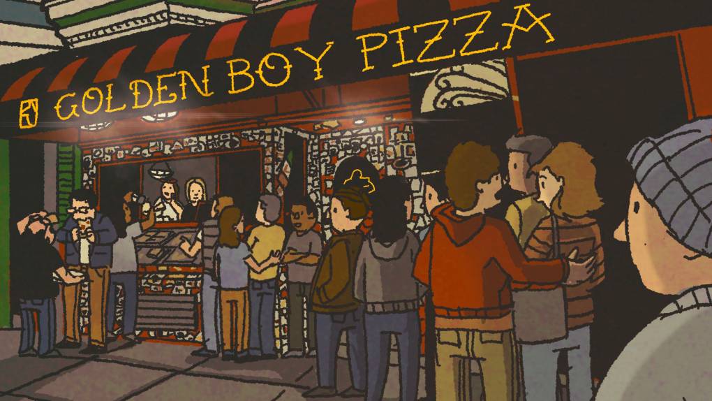 Illustration: A line of customers waiting outside of Golden Boy Pizza.