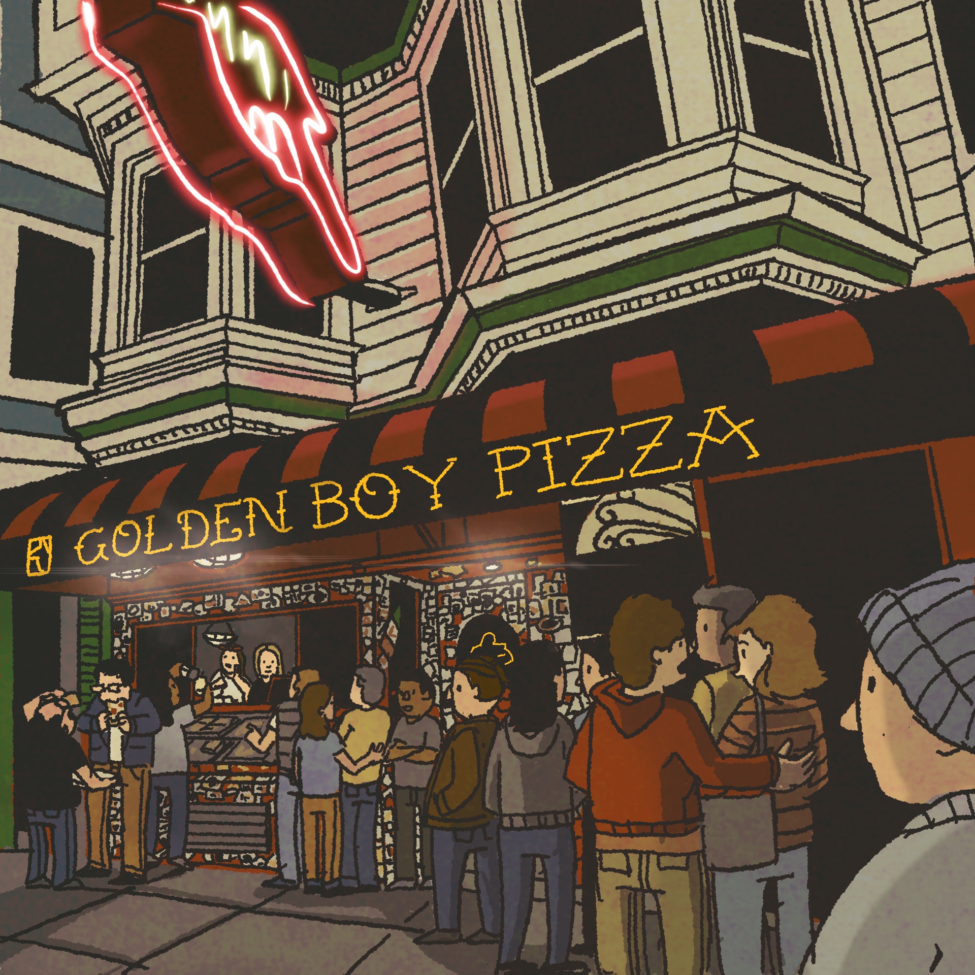 Illustration: A line of customers waiting outside of Golden Boy Pizza.