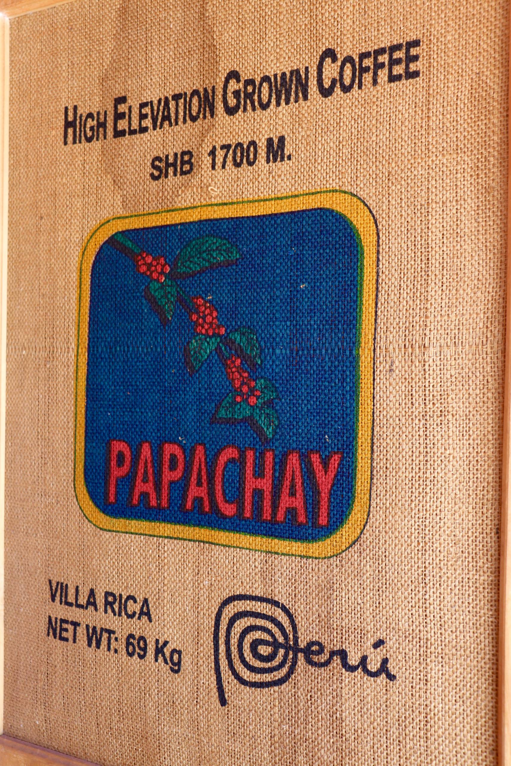 an imported coffee bag of Peruvian coffee beans