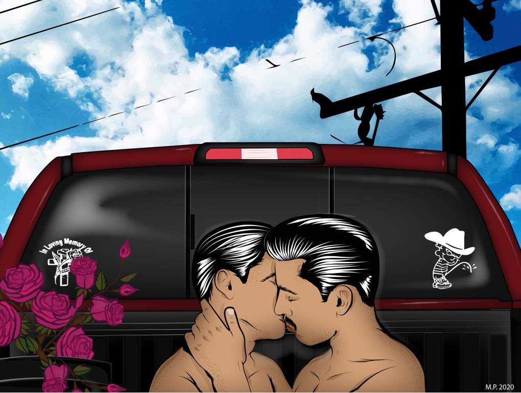 Image of two men kissing behind car with decals on windows