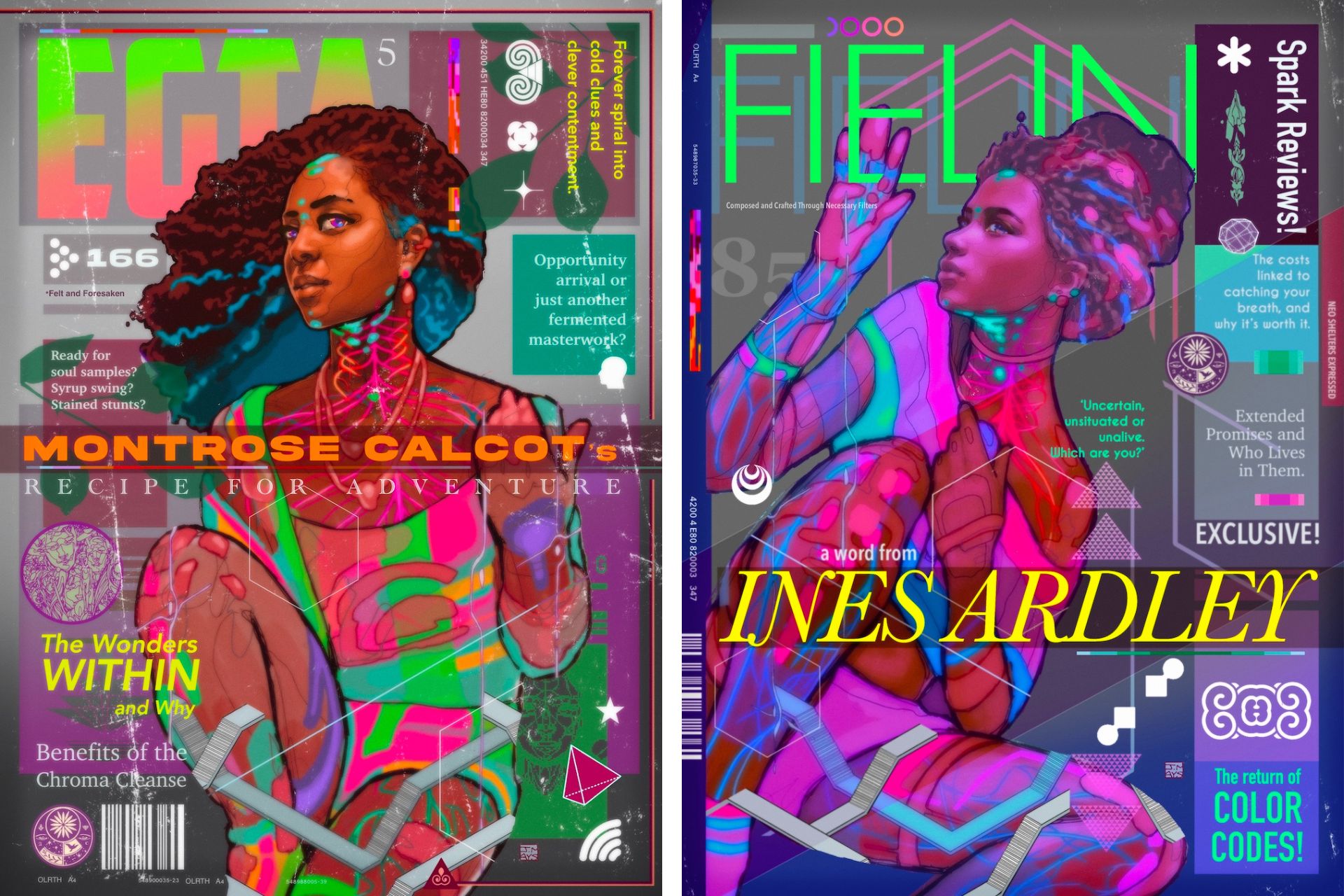 Colorful digital magazine covers of two Black woman characters