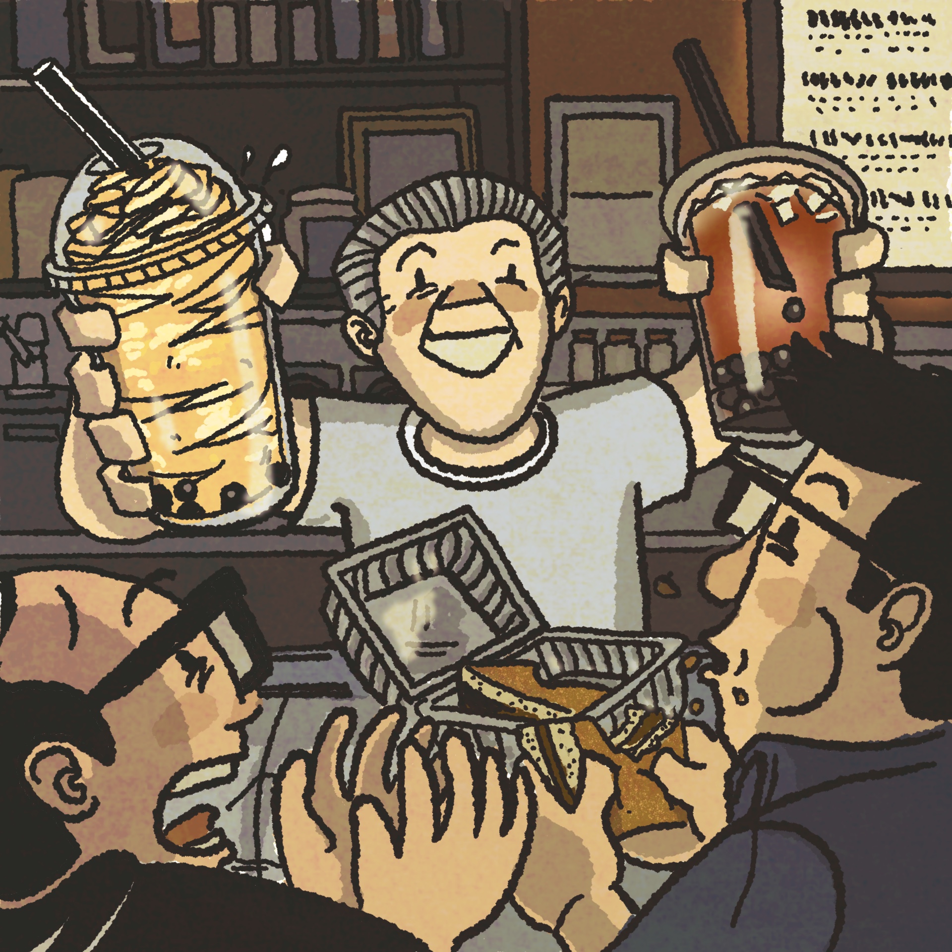 Illustration: A gray-haired man proudly holds up two boba drinks while two customers scarf down a bowl of tiramisu.