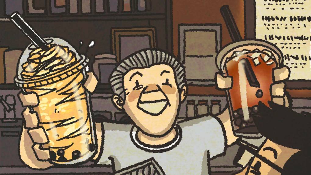 Illustration: A gray-haired man proudly holds up two boba drinks.