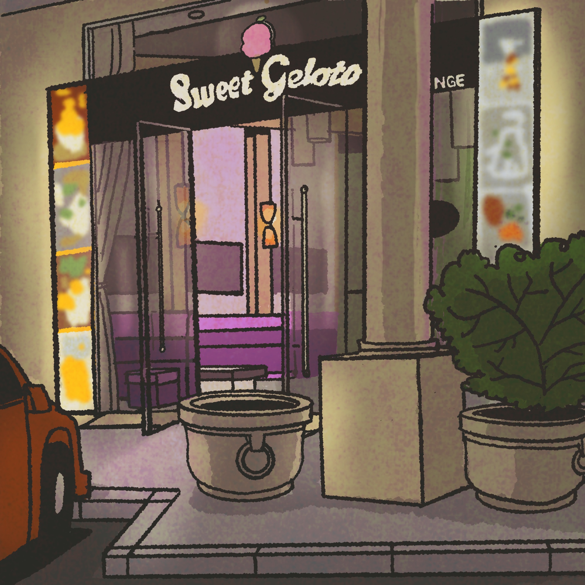 Illustration: The brightly lit exterior of a boba shop called Sweet Gelato.