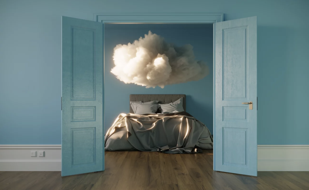 An abstract 3D cloud model hanging over a bed inside a sparse bedroom.
