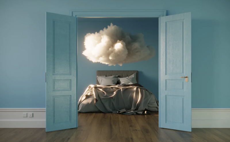 An abstract 3D cloud model hanging over a bed inside a sparse bedroom.