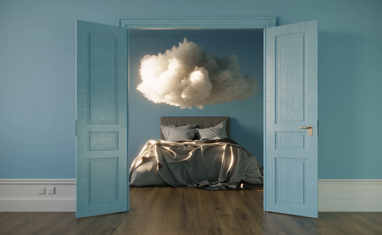 An abstract 3D cloud model hanging over a bed inside a sparse bedroom.