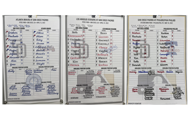 Three lineup cards for the San Diego Padres, beautifully written.