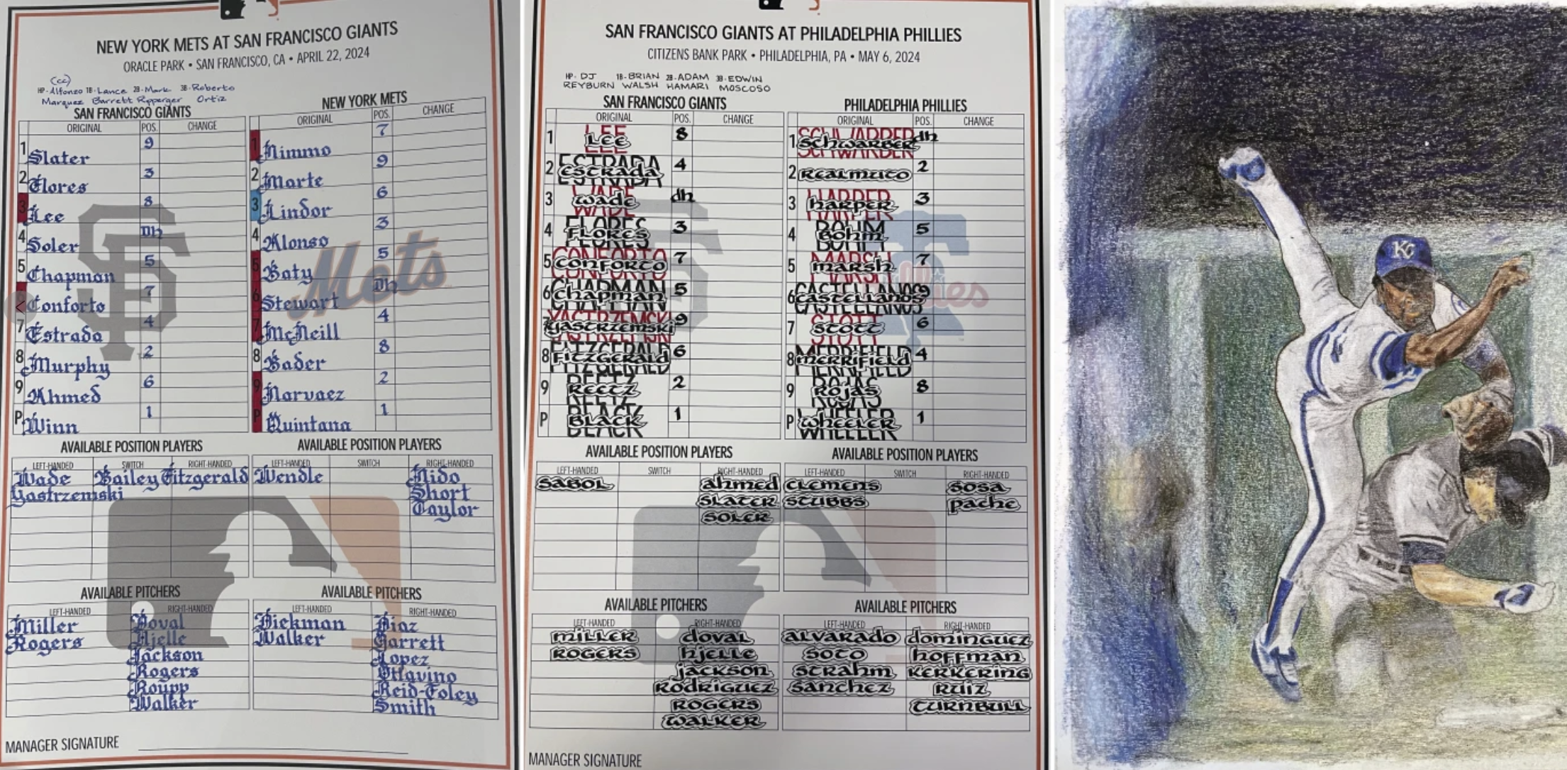 Two line up cards for the San Francisco Giants next to a color drawing of baseball players in action.