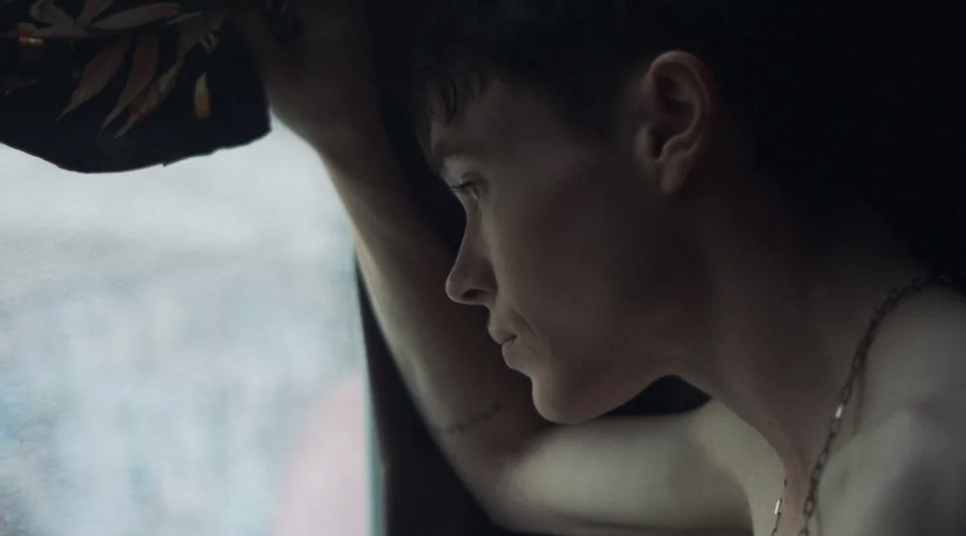 A shirtless young trans man leans up against a window frame and gazes outside.
