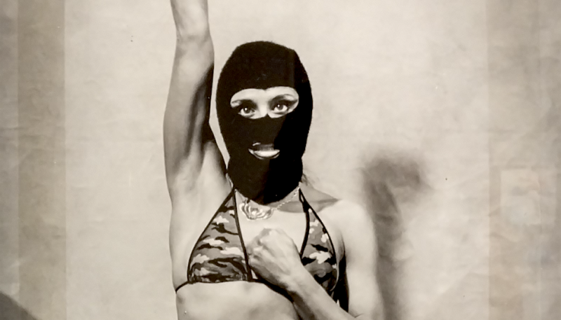 A woman wearing a ski mask and a bikini kneels of the floor, one fist raised in defiance.