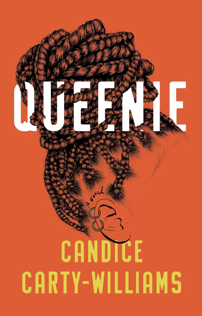 A book cover depicting a Black woman's ear and braids piles high on her head. Her face is not visible.