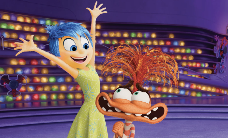 Animation of a joyful girl with her arms in the air next to a strange-looking creature who resembles a troll.