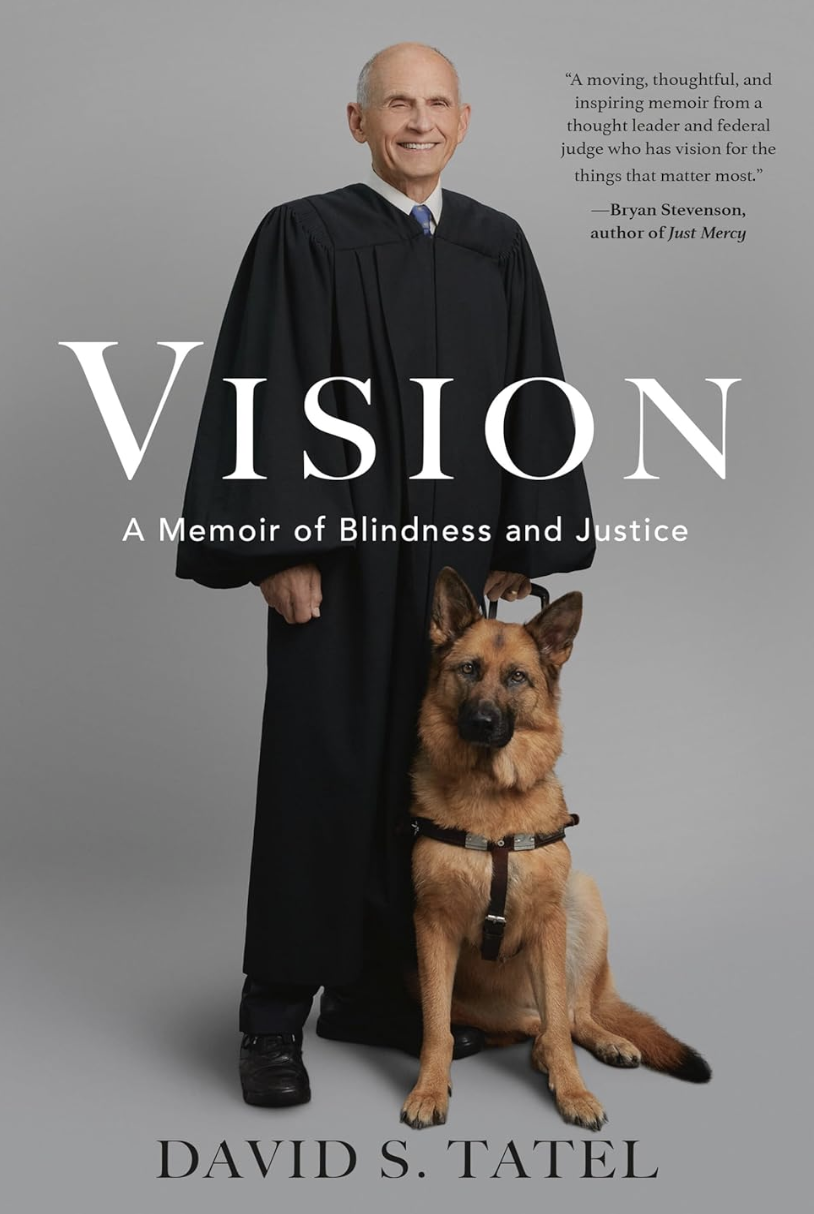 A book cover featuring a photo of a judge in robes with his seeing eye dog.