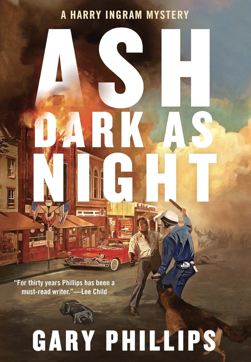 A book cover featuring a burning street with a police officer raising a club over a Black man's head.