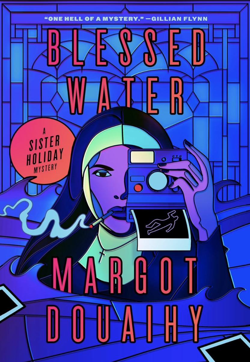 A book cover illustrated to look like a nun holding a polaroid camera in the style of stained glass.