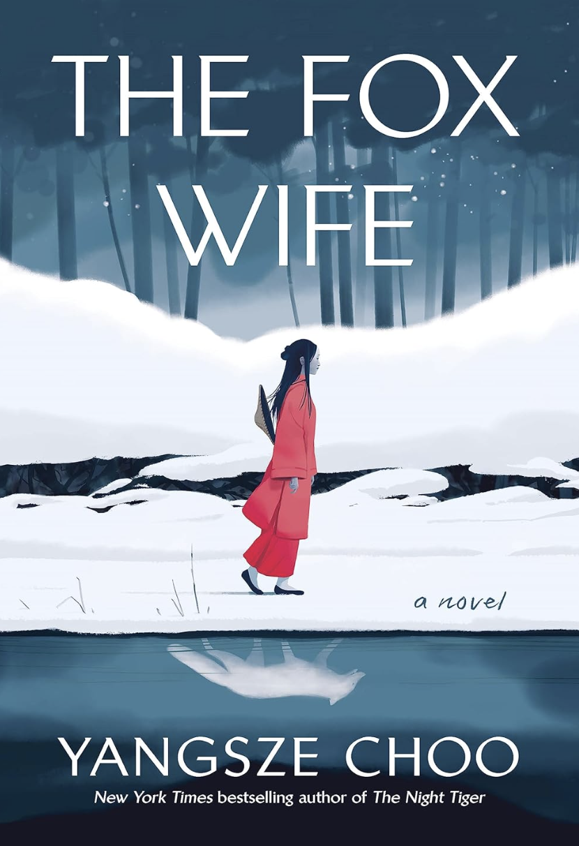 An illustration of an Asian woman, traditionally dressed, walking through snow. Her reflection in the water next to her is a white fox.