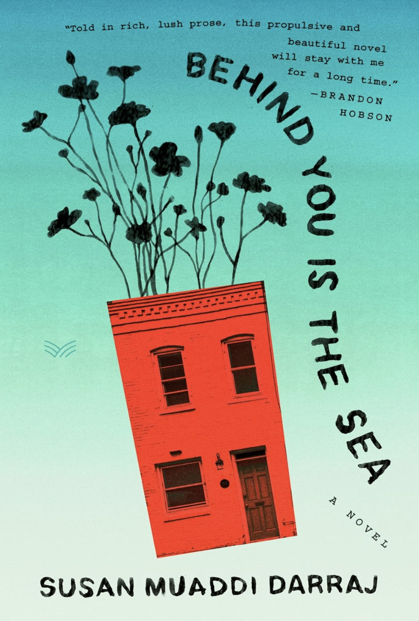A book cover with a red house on it. It has oversized flowers illustrated as coming out of its roof. 