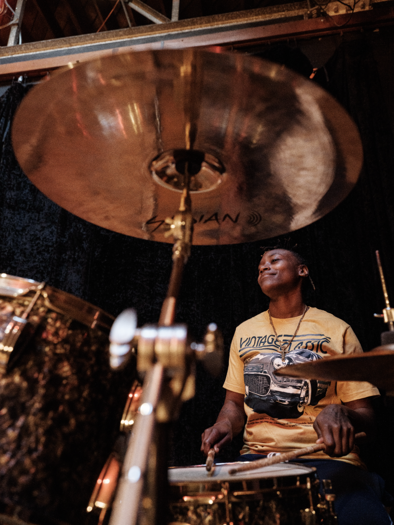 Jaz on Drums at a rehearsal for the play, Sanctuary. 