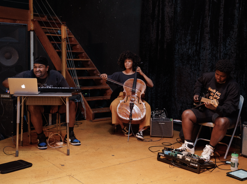 A behind the scenes shot of Wesley Leonx, Mia Pixley, and Chanelle Ignant rehearsing for the play 'Sanctuary.' 