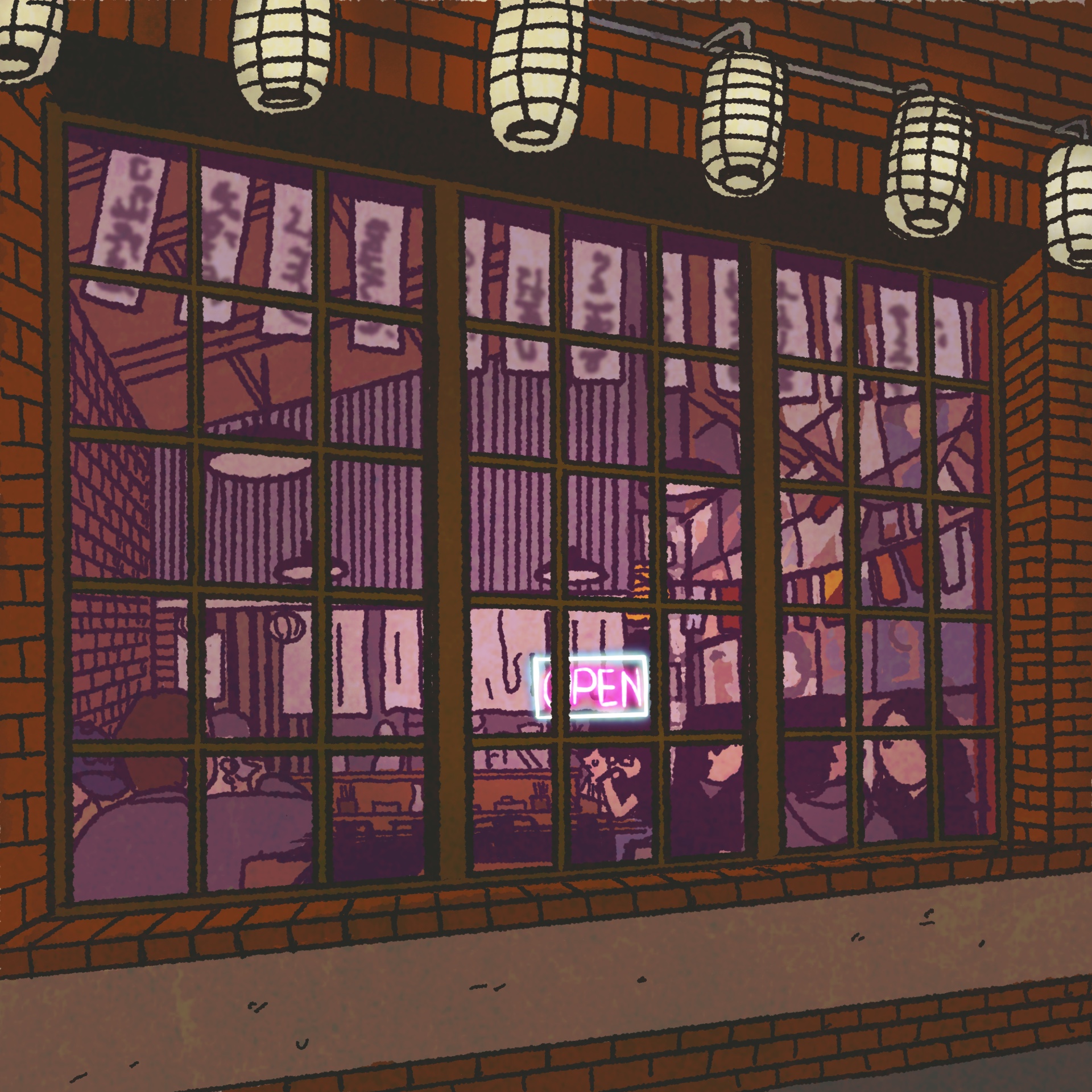 Illustration: View of a Japanese izakaya from outside the front window. Paper lanterns and flags are hung up both inside and out.