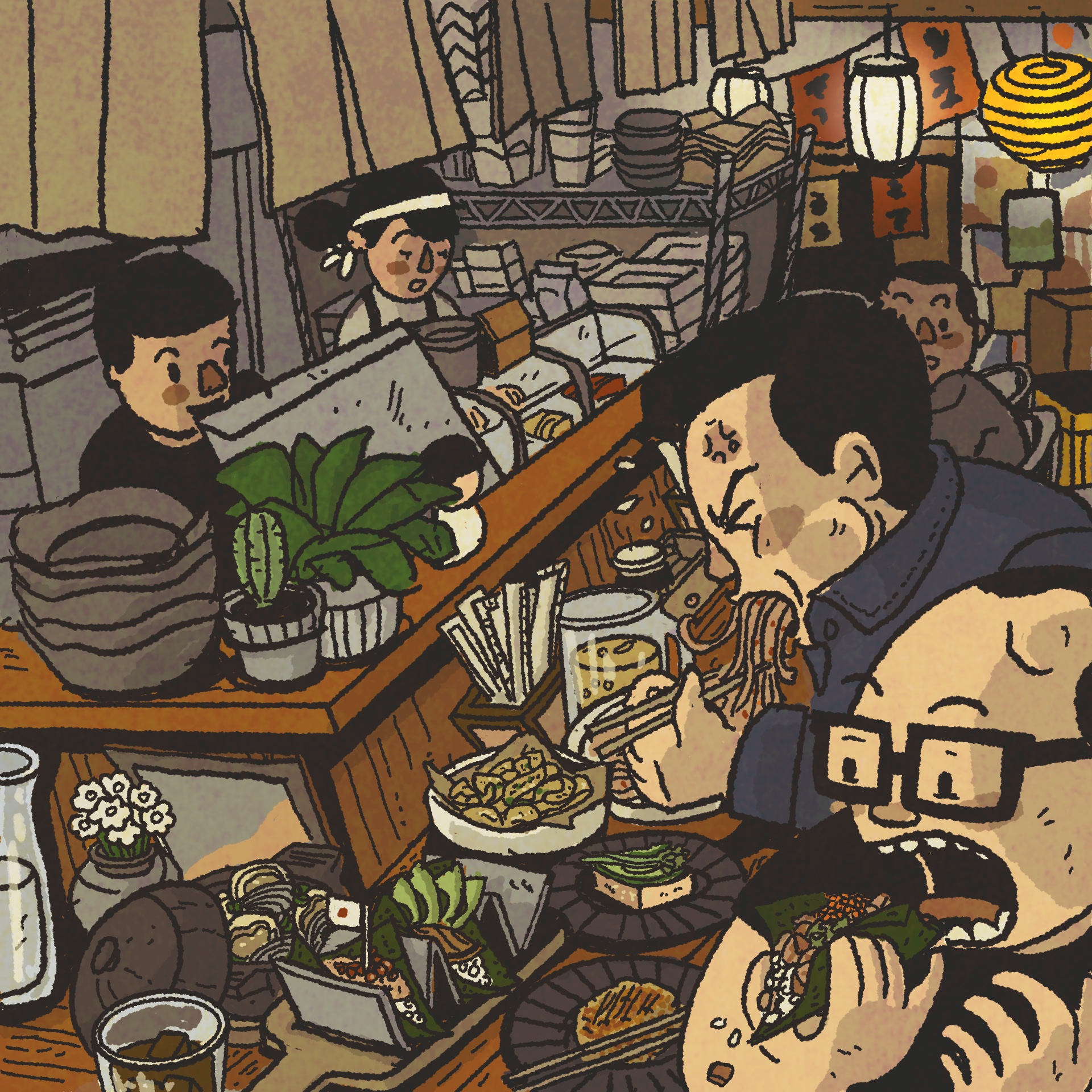Illustration: Two men eating noodles and sushi hand rolls at a bar counter.