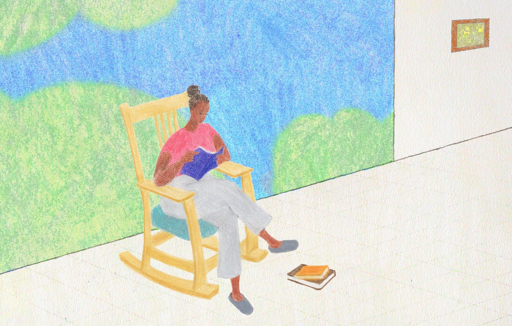 An illustration of a Black woman seated outside with a book in her hands and two at her feet.