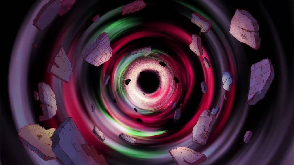 Animation of swirling vortex with chunks of stone