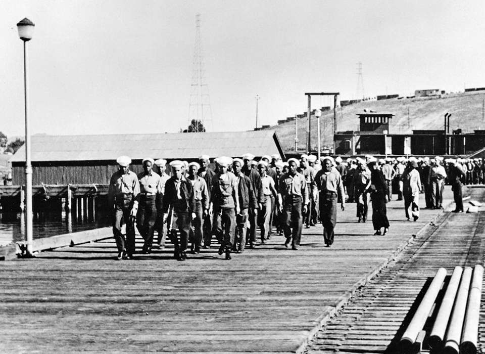 A group of African American sailors marching at Port Chicago.