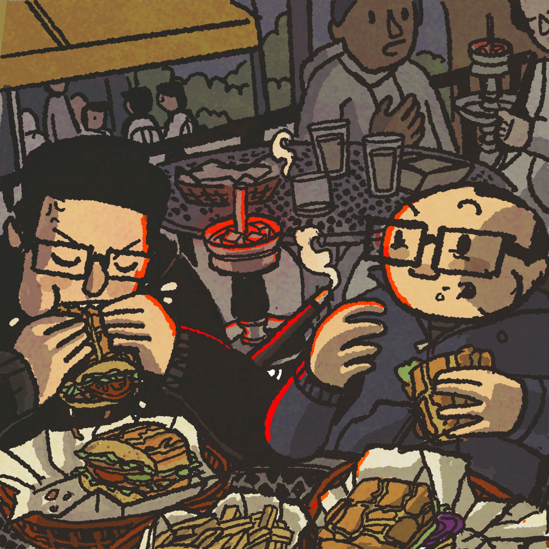 Illustration: two men eat sandwiches on Dutch Crunch bread while a hookah pipe lets off a wisp of smoke behind them.