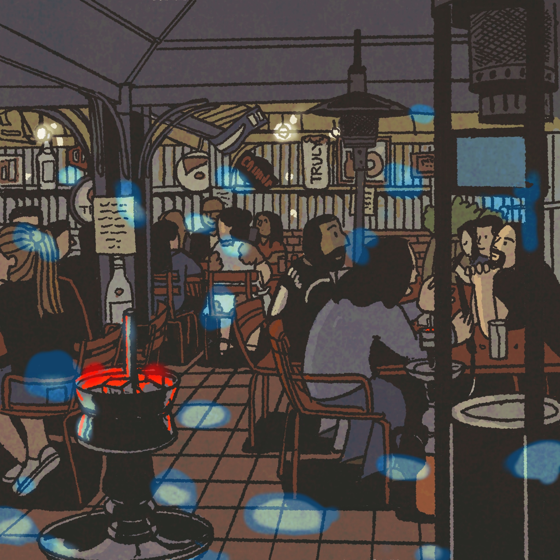 Illustration: Inside a bar, groups of friends chat. Hookah pipes with glowing red coals are placed next to the tables.